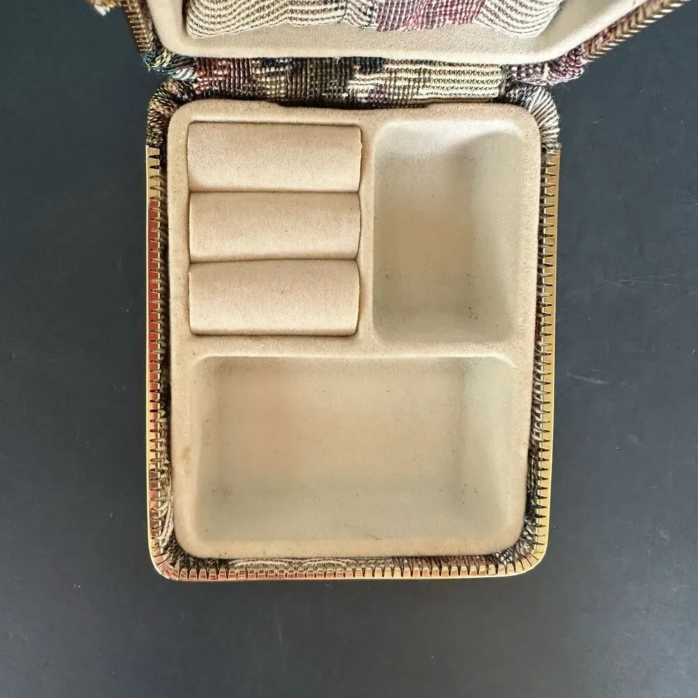 Vintage Tapestry Jewelry Box Travel Case Floral Needlepoint Coquette Case Holder